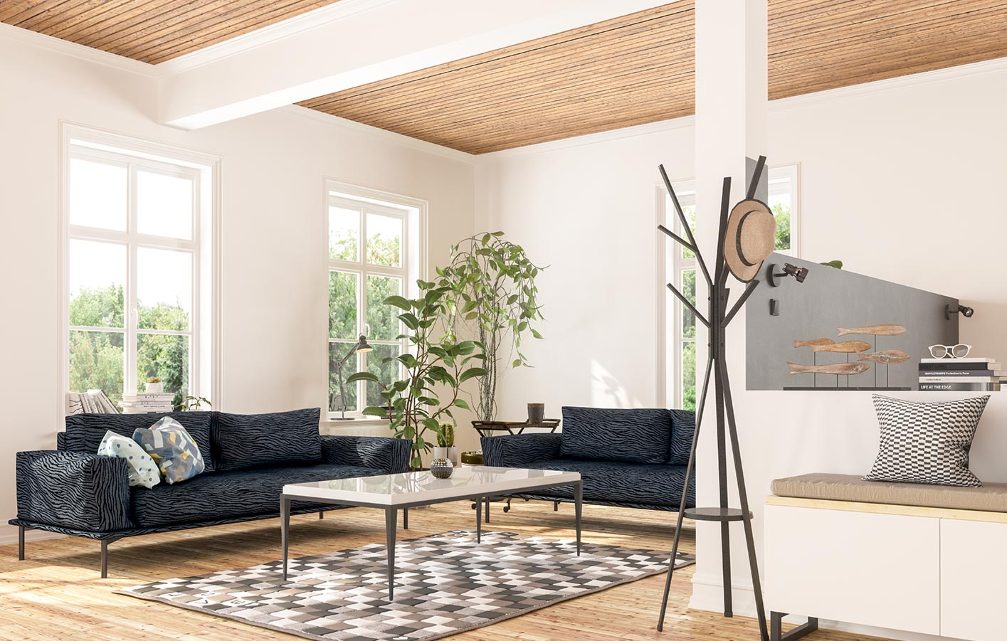 modernes Wohnzimmer - heller Raum mit Holzdecke